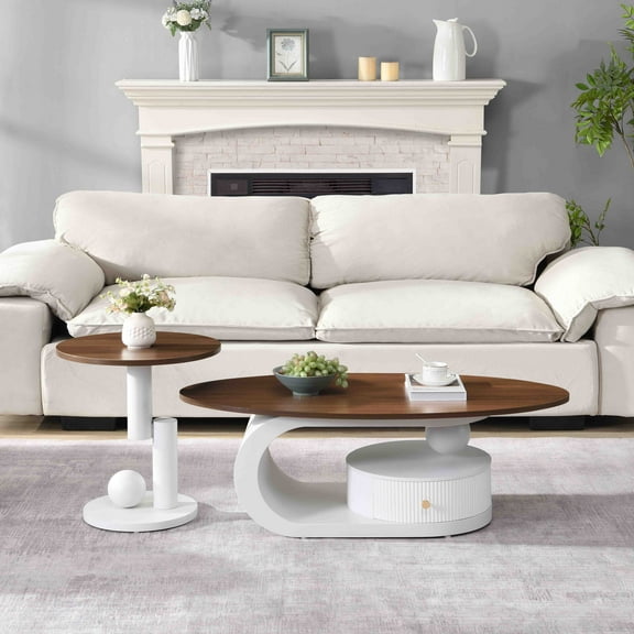 NEW Luxury Nesting Coffee Table Set of 2, Tables with Storage for Living Room, Oval and Round Table Set, White Center Table, Cocktail Table, Side Table, Large 47.24'', Small 19.69''