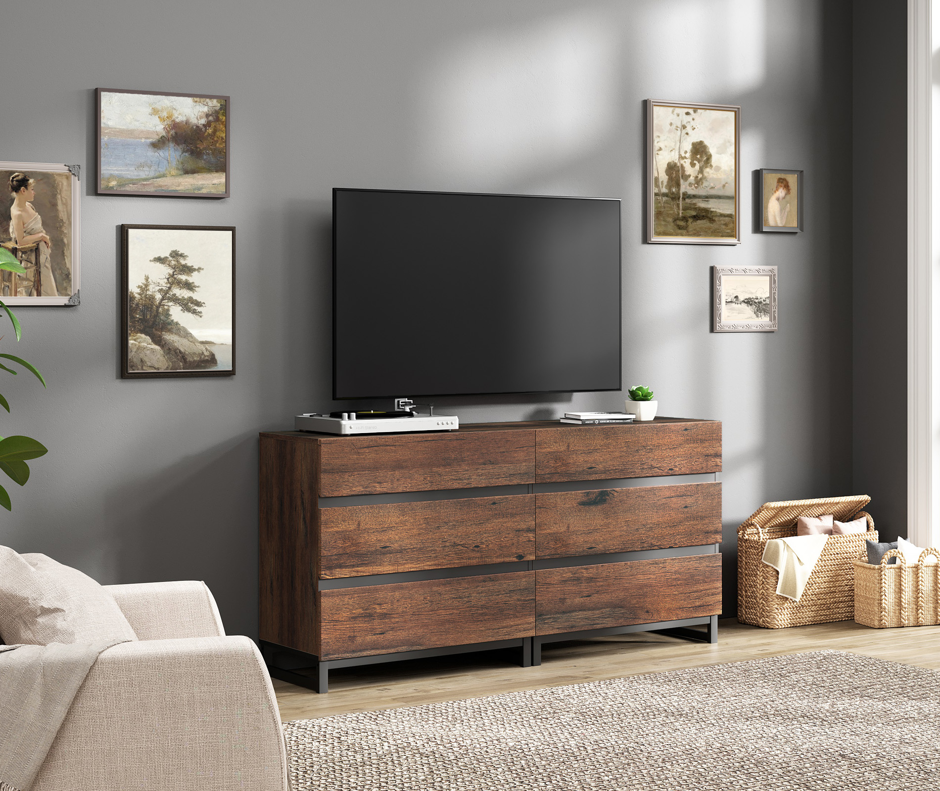 WAMPAT Modern TV Stand for TVs up to 120 inch, 4 in 1 TV Console with Adjustable Shelves and 6 Drawers, Media Console for Living Room,Bedroom, Brown
