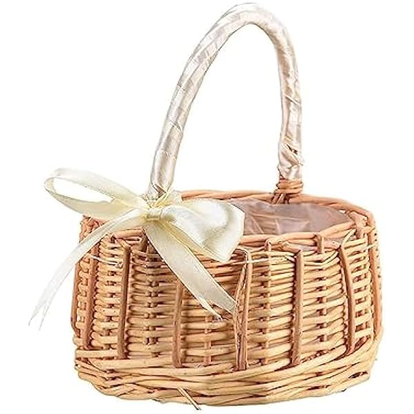 wonima44 Flower Girl Basket Small Wicker Basket with Handle Boho Rustic Rattan Flower Girl Baskets for Weddings Bow Decorative Wedding Basket for Flower Girl
