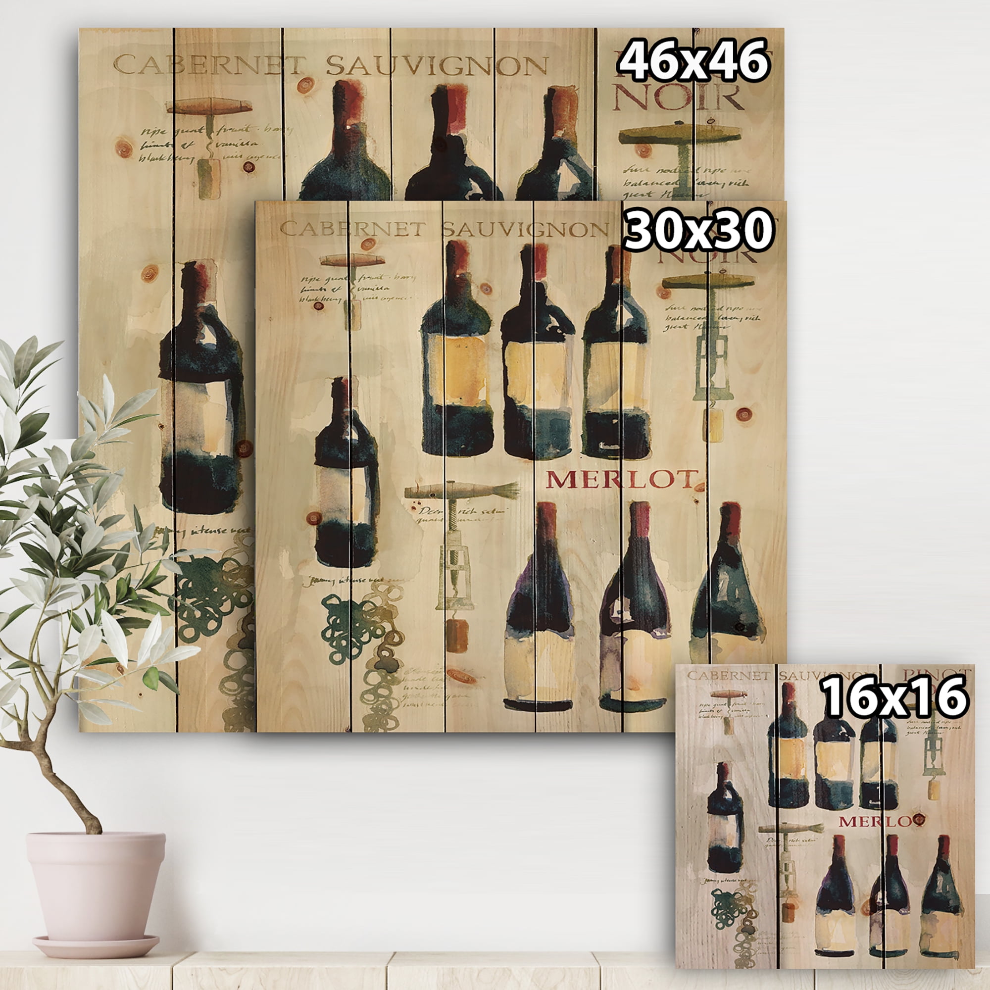 Designart 'Red Sauvignon Wine Collage' Food and Beverage Print on Natural Pine Wood