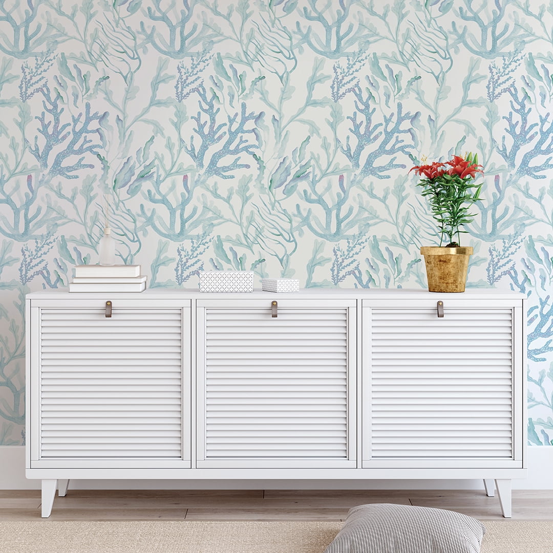 Tempaper Coral Reef Aqua Blue Peel and Stick Wallpaper, 20.5" x 16.5'