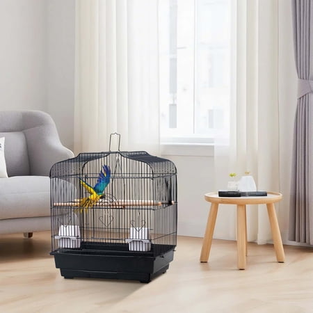 BouPower Portable Travel Bird Cage,20 Inch Wrought Iron Bird Travel Carrier Cage for Parrots Conures Lovebird Cockatiel Parakeets,Parrot Cage with Wooden Perches, 2 Feeders, Swing & Pull-Out Tray