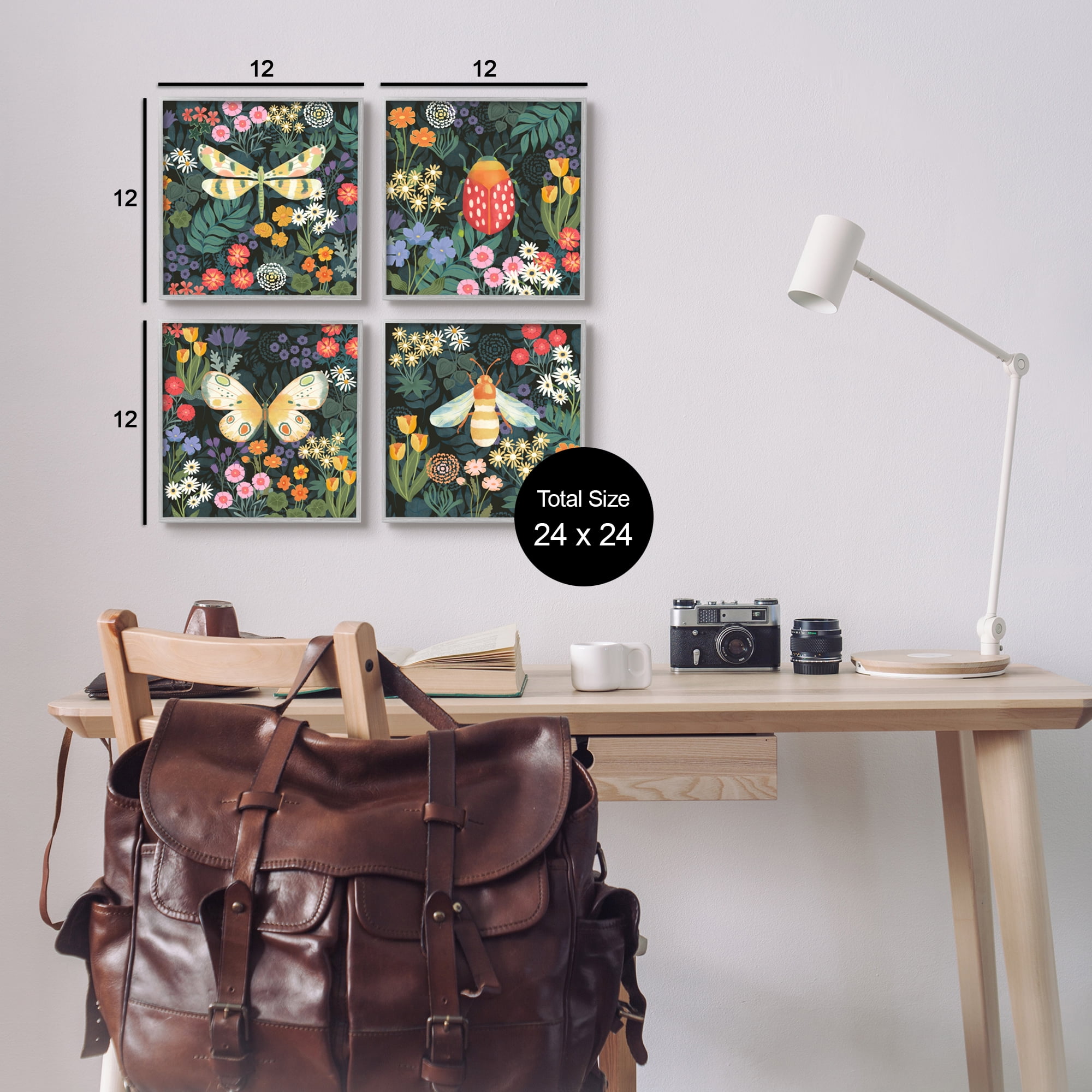 Stupell Industries Insects Among Wildflowers Animals & Insects Painting Gray Framed Art Print Wall Art, 12 x 12, Set of 4