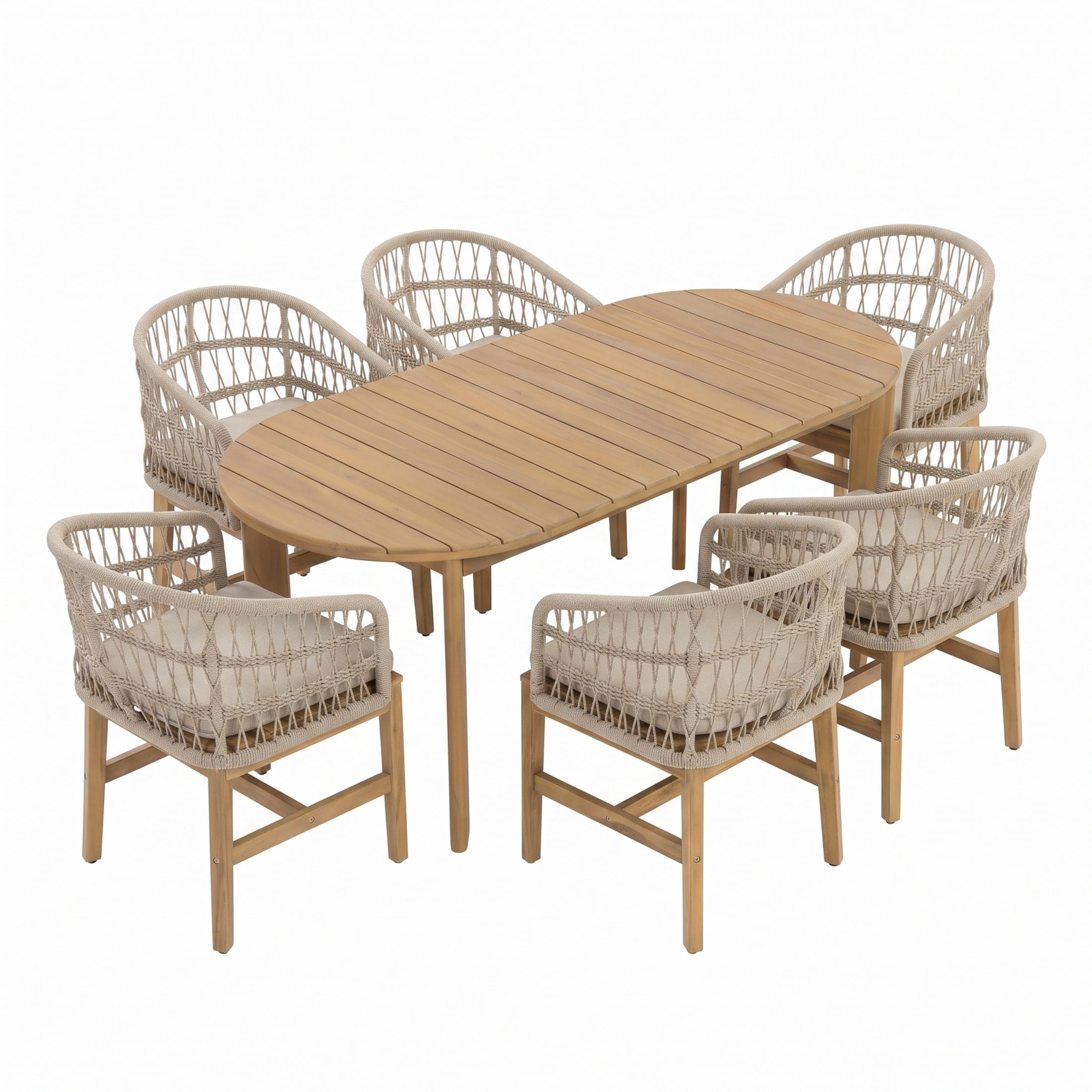 Christopher Knight Home 7-Piece Outdoor Dining Set, Oval Wood Table with Rope Chairs and Cushions, Teak+Beige
