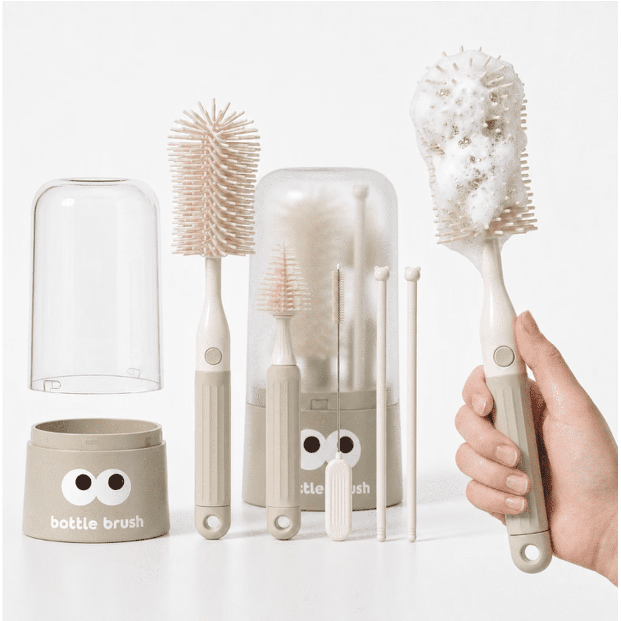 Five-in-One Baby Bottle Brush Set with Dustproof Storage Container, Silicone Bottle Nipple and Straw Cleaning Brush, Portable Baby Bottle Cleaning Tool, Beige and Brown