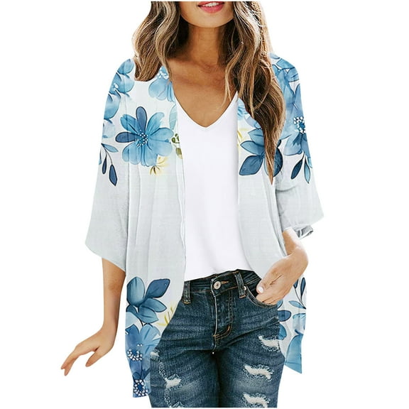FAVIPT Women's Cardigan Kimono Hawaiian Floral Printed Blouses 3/4 Puff Sleeve Open Front Tops Beach Sun Cover Up Shirts Summer 2025 Multicolor,L