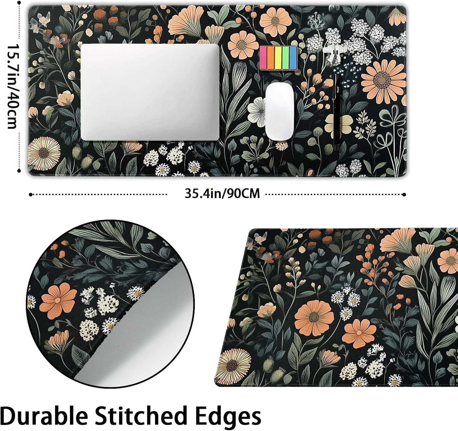 Aesthetic Dark Flower Gaming Mouse Pad XXL Floral Plant Botanical Flowers Extended Big Large Desk Mat Non-Slip Rubber Base Stitched Edge Long Keyboard Mousepad for PC Computer Laptop,35.4×15.7 in