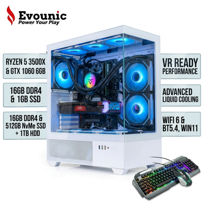 Evounic White Gaming PC - AMD Ryzen 5 3500X up to 4.1GHz, GTX 1060 6GB, 16GB RAM, 512GB SSD+1TB HDD, WiFi 6 & BT5.4, 9 RGB Fan, Win11, RGB KB & Mouse