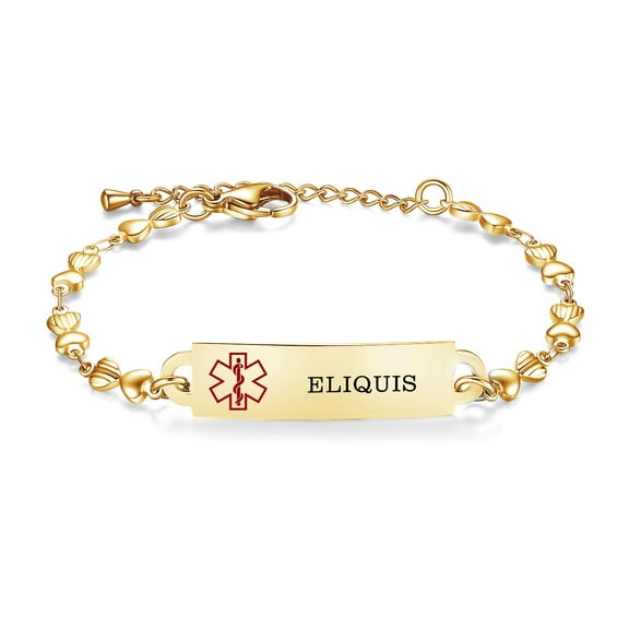 Medical Id Bracelets for Women Gold Heart Chain Medical ID Bracelets 6.5-8 Inch Adjustable with engraving:ELIQUIS