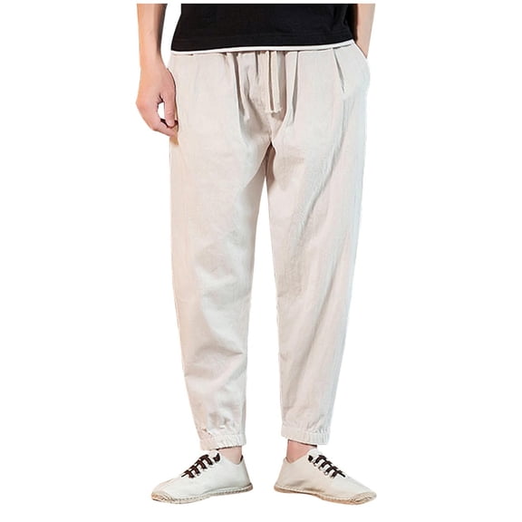 Men's Pants Cotton Elastic Waist Linen Yoga Golf Jogger Sweat Lounge Harem Pants Comfy Beach Trousers