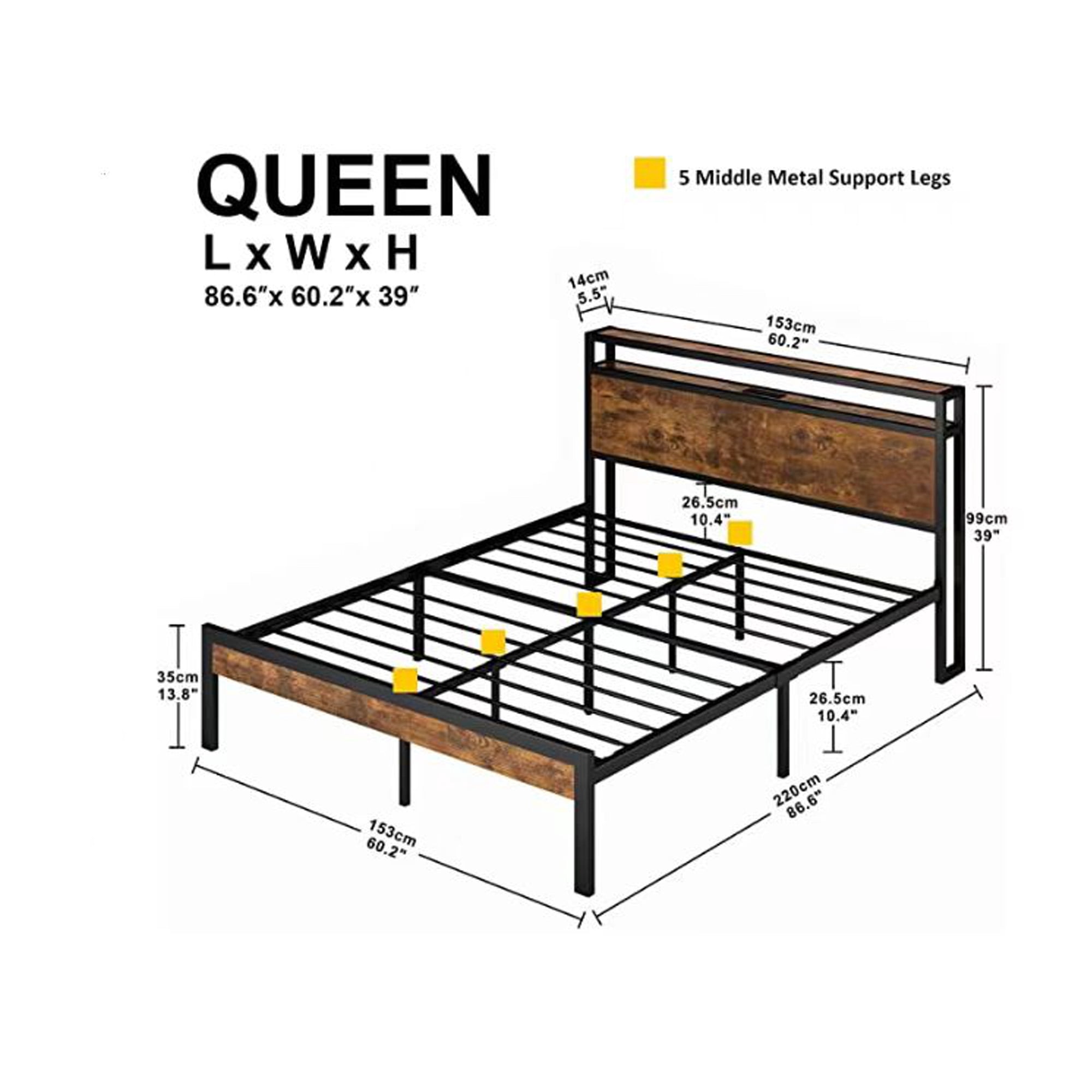 DEALTOPS Platform Bed Frame with Wooden Storage Headboard, Queen Size Metal Bed with USB Ports, Black