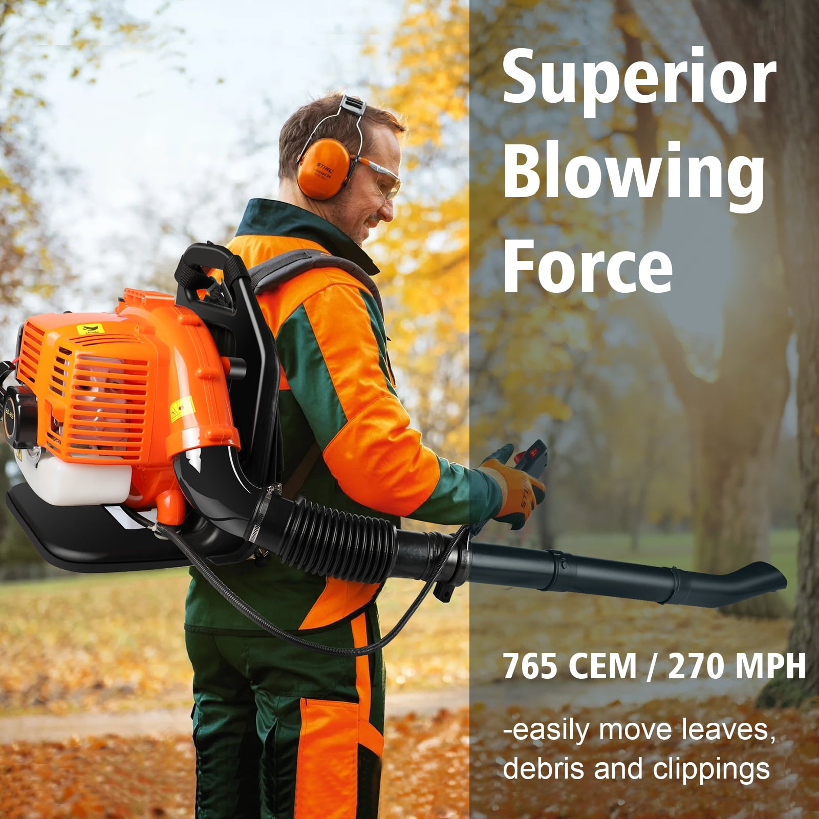 43CC Gas Backpack Leaf Blower, 665 CFM, 2800 RPM, 2-Stroke Engine Gas Blower for Landscaping, Snow Removal, and Heavy-Duty Yard Work – Lightweight, Quiet