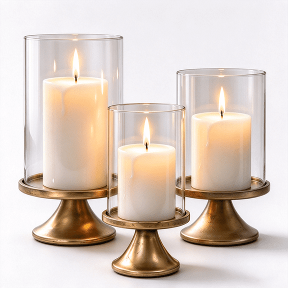 Naeqieo Gold Hurricane Glass Holders, Set of 3 Rustic Windproof Pillar Candle with Open Chimney Metal Base for Wedding Party Holiday Dining Table