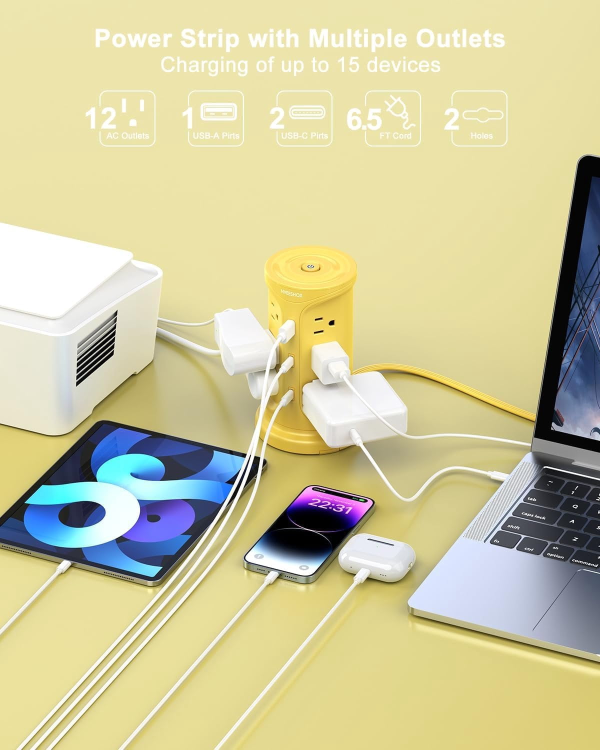 Tower Power Strips with Surge Protection, 6.5FT Flat Extension Cord with Multiple Outlets, 12 AC 4 USB Ports(2 Type C), Flat Plug Surge Protector Power Strip with Screw Wall Mount for  Office Dorm
