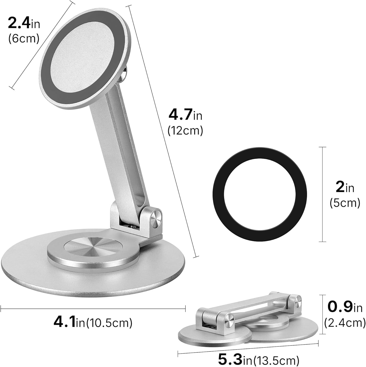 360° Rotating Magnetic Phone Stand for Desk, Adjustable Foldable Aluminum for Cell Phone Stand, Compatible with iPhone 17/16/15/14/13/12 Series and Android (Silver)