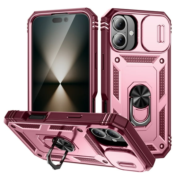 Military Grade Drop Impact for iPhone 16 Plus Camera Lens Slide Protection Case 360 Metal Rotating Ring Kickstand Holder Armor Shockproof Case For iPhone 16 Plus, Red+Pink