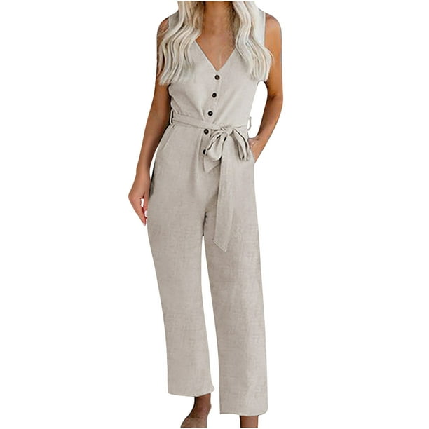 Ladies Dressy Quick-dry Overall Jumpsuits with Pocket Belted Sleeveless  Button-up V Neck Long Wide Leg Rompers