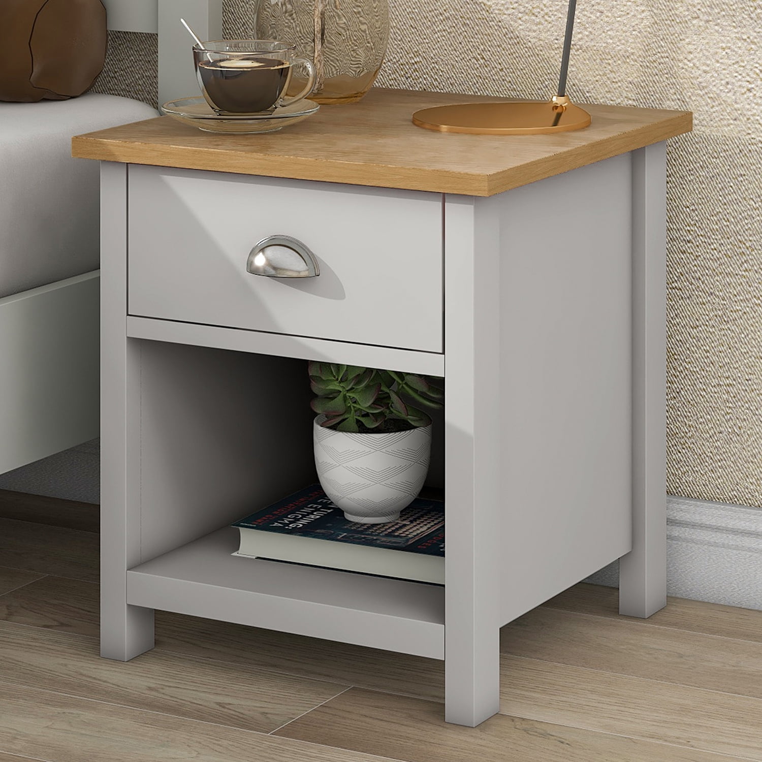Kadyn 3 Pieces Country Gray with Oak Top Bedroom Sets, King Wood Bed with Headboard, Modern MDF Nightstand and Chest for bedroom. Gray Kadyn 3 Pieces Country Gray with Oak Top Bedroom Sets, King Wood Bed with Headboard, Modern MDF Nightstand and Chest for bedroom. Gray