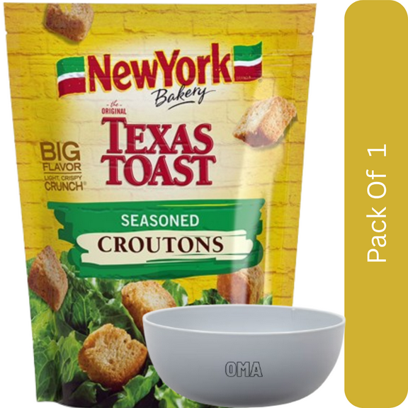 New York Bakery Texas Toast Seasoned Croutons – 5 oz Bag-With Olive White Bowl By OMA