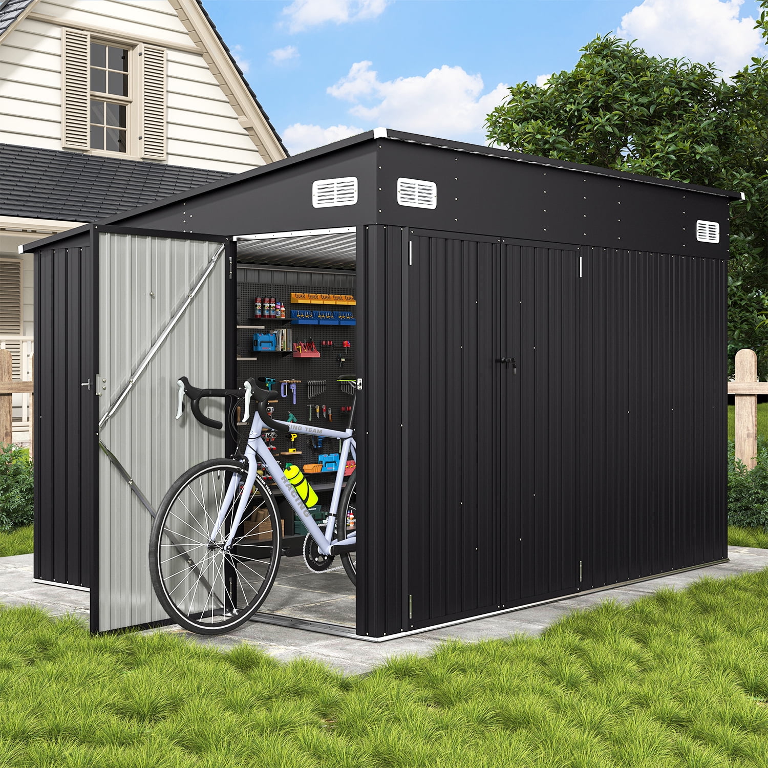 BaPiPro 10'x8' Lean-to Metal Storage Shed, Outdoor Lockable Shed with Triple Doors & Vents for Garden, Backyard, Patio - Black