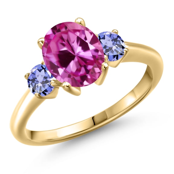 Gem Stone King 10K Yellow Gold Pink Created Sapphire and Blue Tanzanite Engagement Ring for Women | 1.60 Cttw | Oval 9X7MM | Gemstone September Birthstone | Size 8