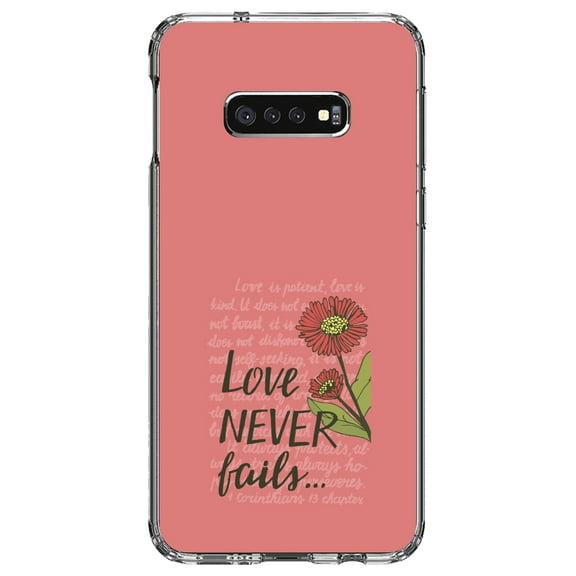 DistinctInk Clear Shockproof Hybrid Case for Samsung Galaxy S10e (5.8" Screen) - TPU Bumper, Acrylic Back, Tempered Glass Screen Protector - 1 Corinthians 13 - Love Never Fails - Flower