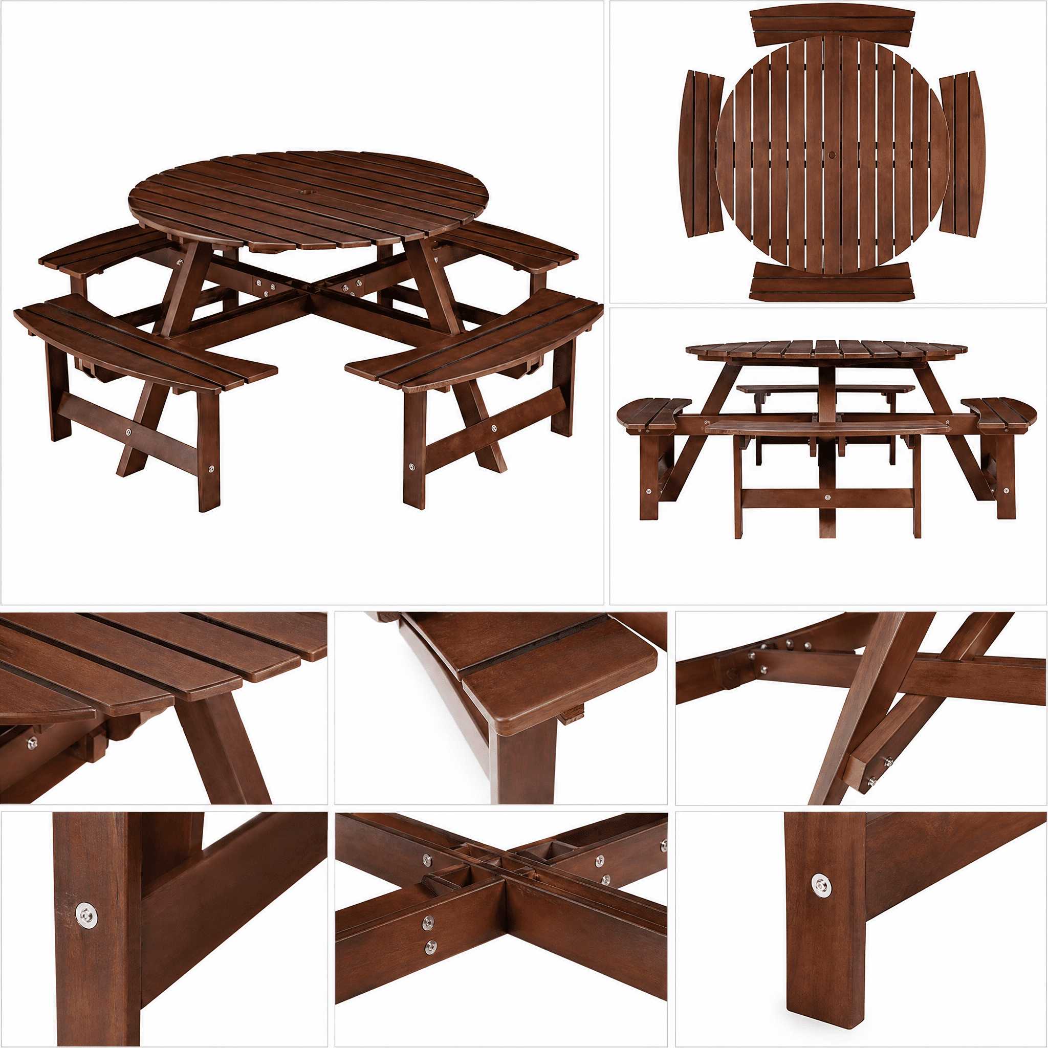 Brown 8‑Person Round Outdoor Picnic Table with 4 Built‑in Benches, Weather‑Resistant Waterproof Wooden Table Set with 2" Umbrella Hole for Garden Backyard Patio Porch