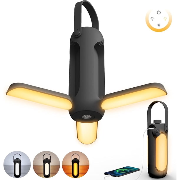 Luz de camping plegable recargable (negra y gris), luz de camping LED de 10000 mAh con 3 modos de atenuación para tiendas de campaña, picnic al aire libre, senderismo o equipo de apagón interior