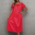 thumbnail image 2 of Ice Silk Nightdress for Women Solid Color Crew Neck Short Sleeve Midi Length Loose Nightgown with Lace Sleeves Red One Size, 2 of 4