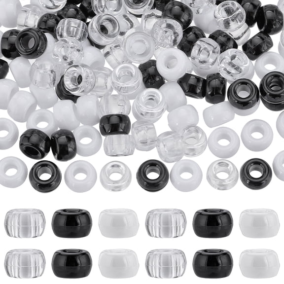 600Pcs Pony Beads Bulk 6x9mm Opaque Pony Beads Black White Plastic Bead Clear Transparent Pony Beads Kit Round Craft Beads for DIY