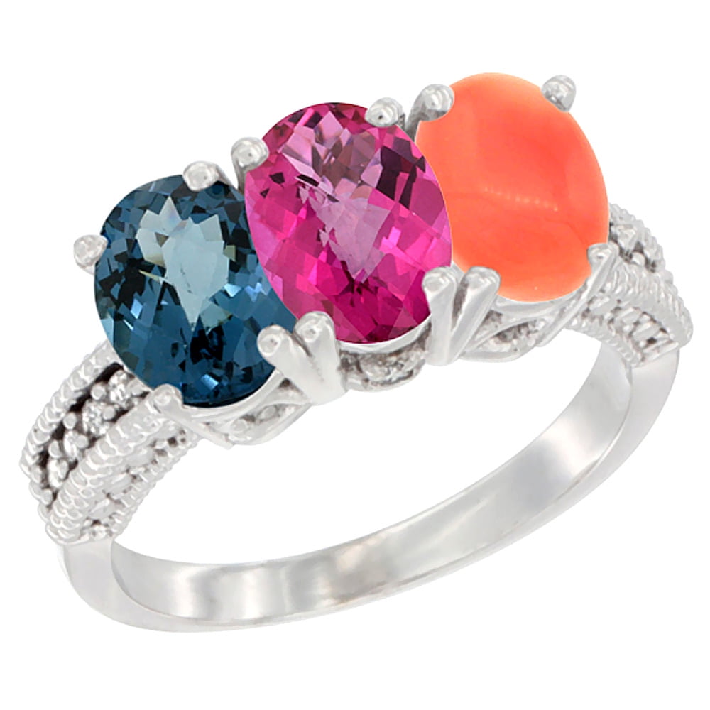 14K White Gold Natural London Blue Topaz, Pink Topaz & Coral Ring 3-Stone 7x5 mm Oval Diamond Accent, sizes 5 10 by WorldJewels