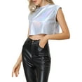 thumbnail image 4 of INSPIRE CHIC Metallic Tank Top for Women's Round Neck Party Sleeveless Holographic Crop Top XL Silver-Plaid, 4 of 5
