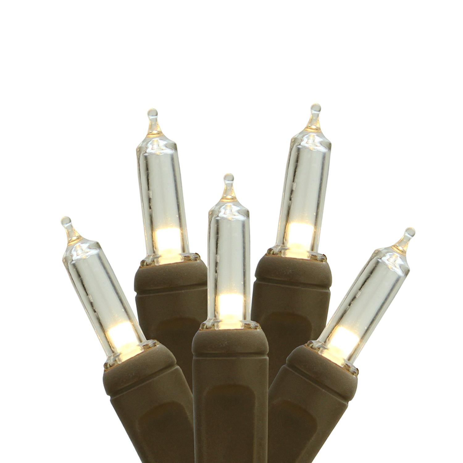 Set of 50 Warm White LED Mini Christmas Lights 4" Spacing Brown Wire