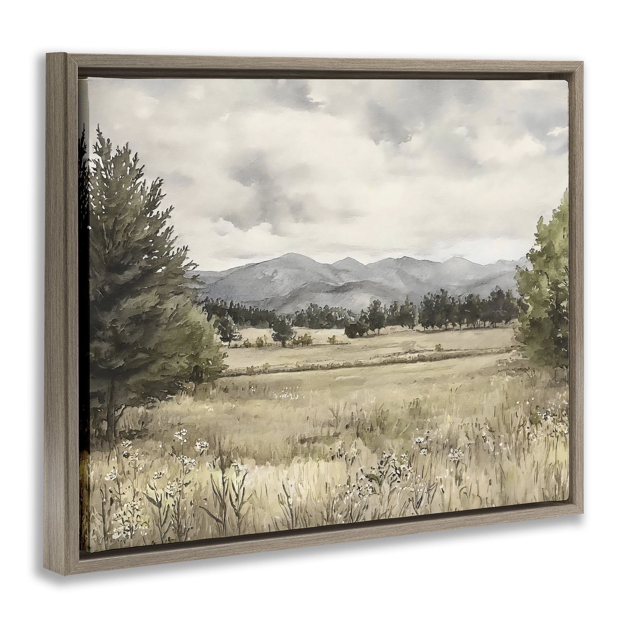 Stupell Industries Muted Mountain Meadow Brown Framed Floater Canvas Wall Art, design by Riley B