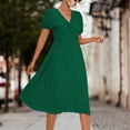 thumbnail image 3 of SWSMCLT Women's High Waist Cute Summer Ruched Long Dress V Neck Sundress Short Sleeve Fashion Lantern Sleeve Dresses Green Large, 3 of 4