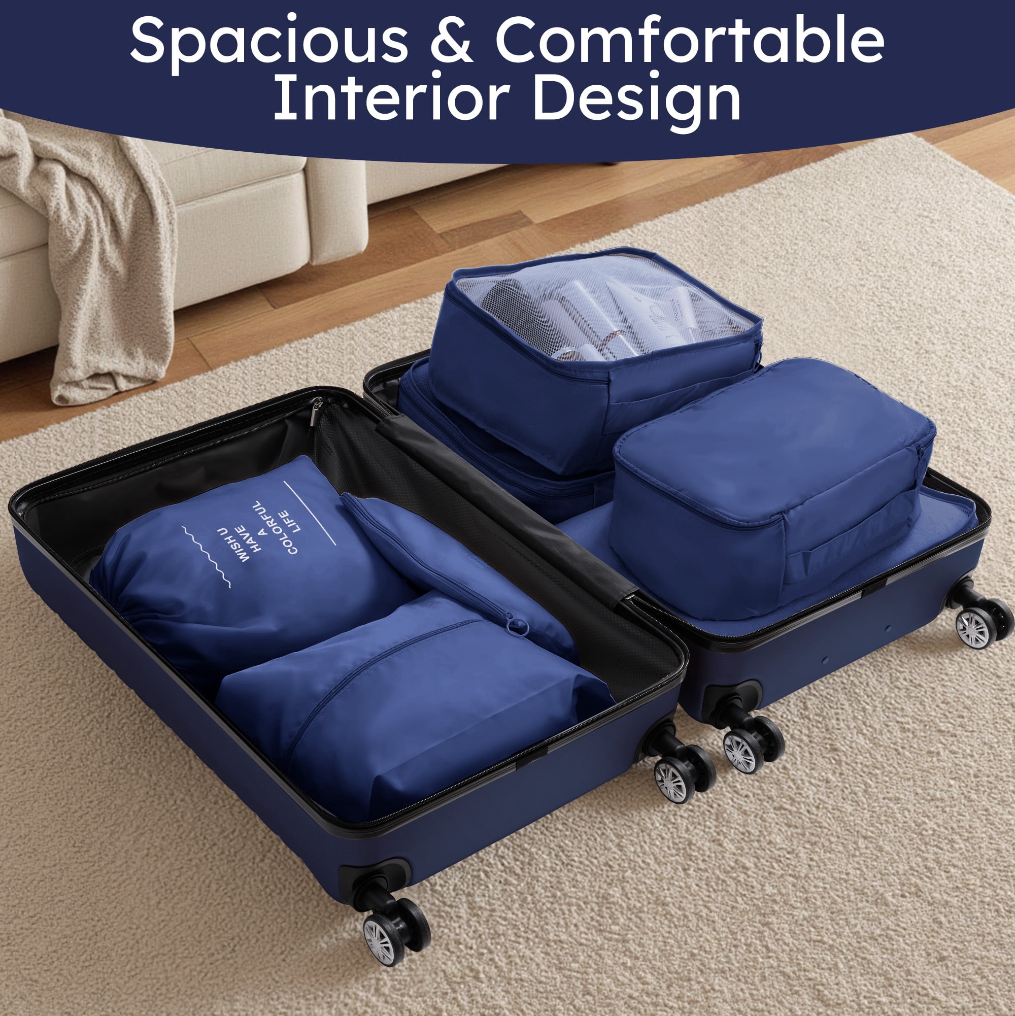 4 Piece Luggage Sets Travel Suitcase Set,20/24/28/32 inch Luggage with 7PCS Organizer Bags, Navy