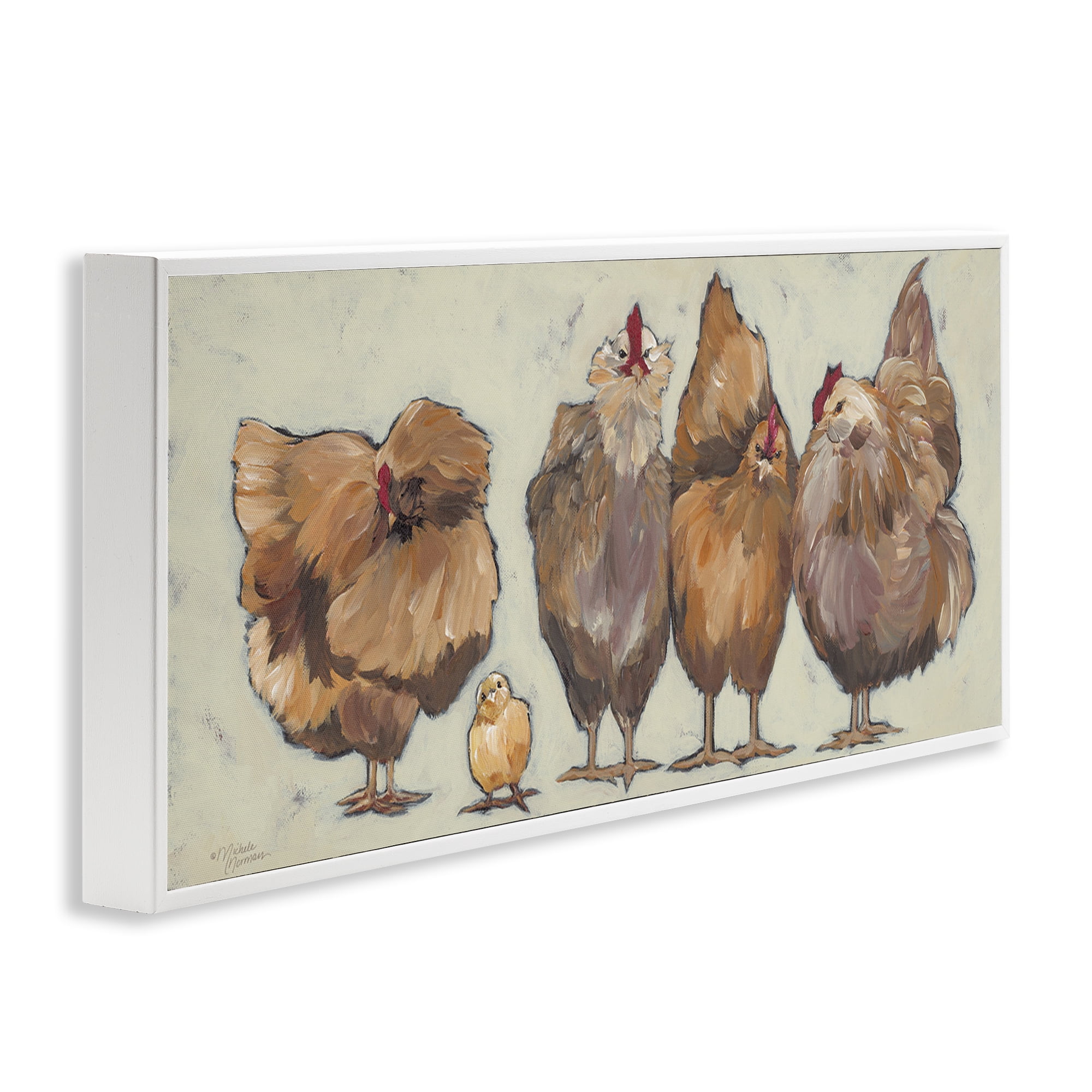Stupell Industries Brown Hens and Chick Animals & Insects Painting White Framed Art Print Wall Art, 30 x 13