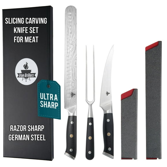 Slicing Carving Knife Set for BBQ Meat Cutting - 12" Brisket Knife + 6" Curved Boning Trimming Knife + 6" Carving Fork + Sheath Covers - Razor Sharp German Steel - Full T