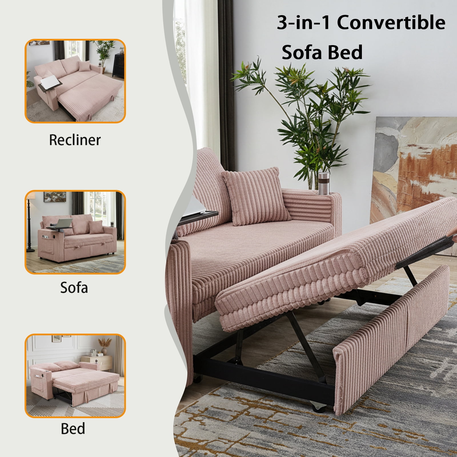 EPOWP 65'' Convertible Corduroy Sofa Bed with USB Charging Port & Swivel Side Table,3-in-1 Pull Out Couch with Adjustable Backrest,Futon Couches for Living Room,Bedroom, Guest Room,Easy Assembly