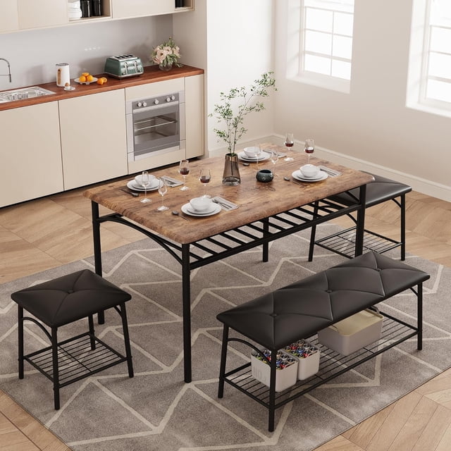 Ensemble de Table à Manger pour 4 avec Banc Rembourré et 2 Chaises, Tablette de Rangement, Gain de Place, Assemblage Facile, Brun Rustique.