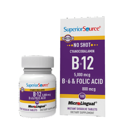 Superior Source No Shot Vitamin B12 Cyanocobalamin (5000 mcg), Vitamin B6, Folic Acid, 100 Count Dietary Suppl;ement