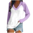 thumbnail image 2 of AXXD Purple Basic Sexy Shirts for Women Summer 2024 Ladies V Neck Loose Tops Casual Patchwork Color T-Shirts Long Sleeve Blouse, 2 of 4