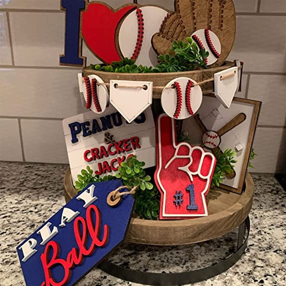 7Pcs Baseball Tiered Tray Decor Set - Wooden Signs Blocks Sport Ball ...