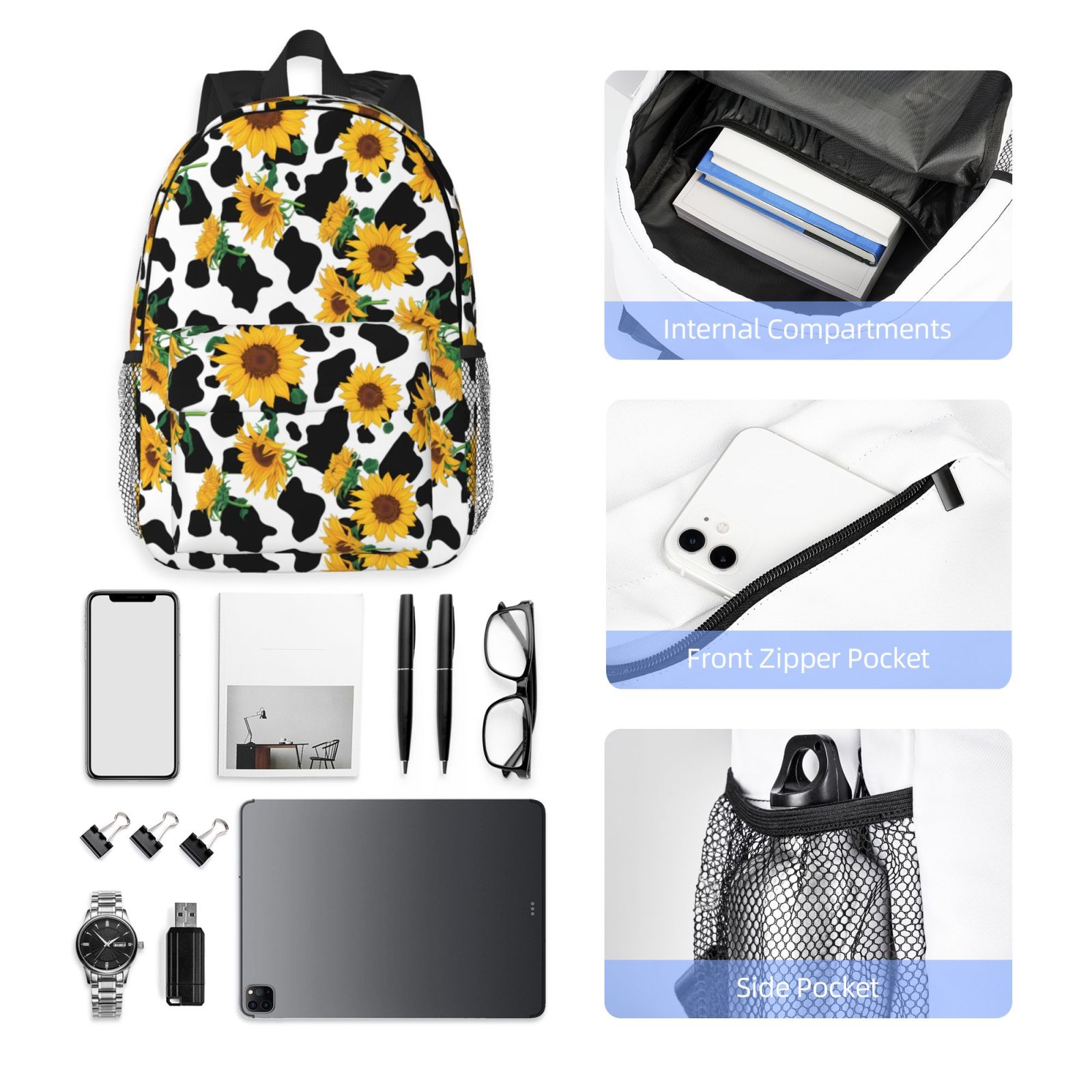 Rateoe Cute Cow Print Sunflower A Pattern Student Backpack Water-resistant Backpack 15-inch Laptop Backpack Lightweight Adjustable School Backpack