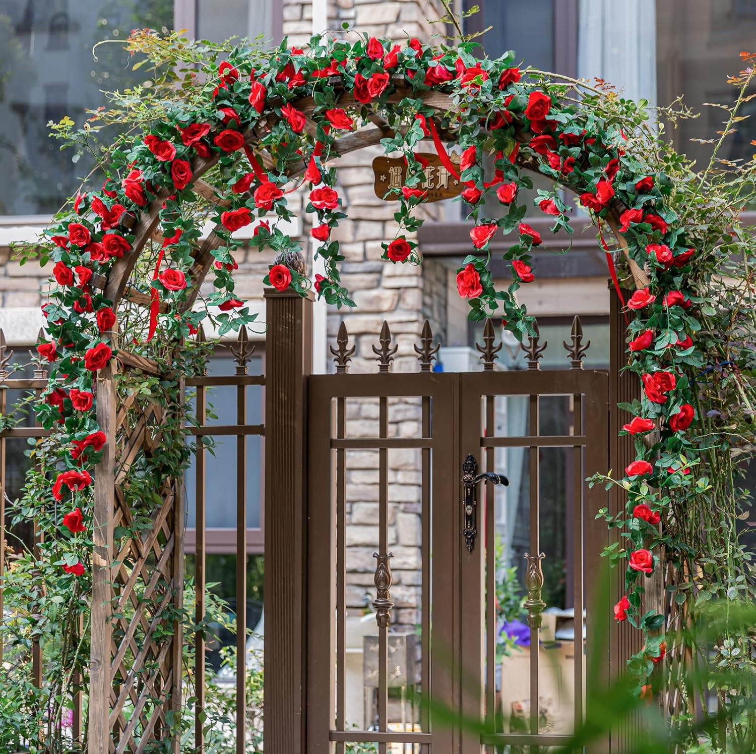 MORTTIC 4 Pack (30FT) Artificial Rose Vine Fake Flowers Garland Hanging Silk Rose Ivy Plants Vine for Mother's Day Wedding Arch Party Garden Wall Aesthetic Art Decor (Red)