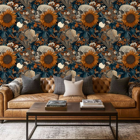 Peel and Stick Wallpaper Contact Paper Dark Blue Skull Floral Gothic Beige Orange Wall Paper Human Skulls Self Adhesive and Removable 17.7in x 118in