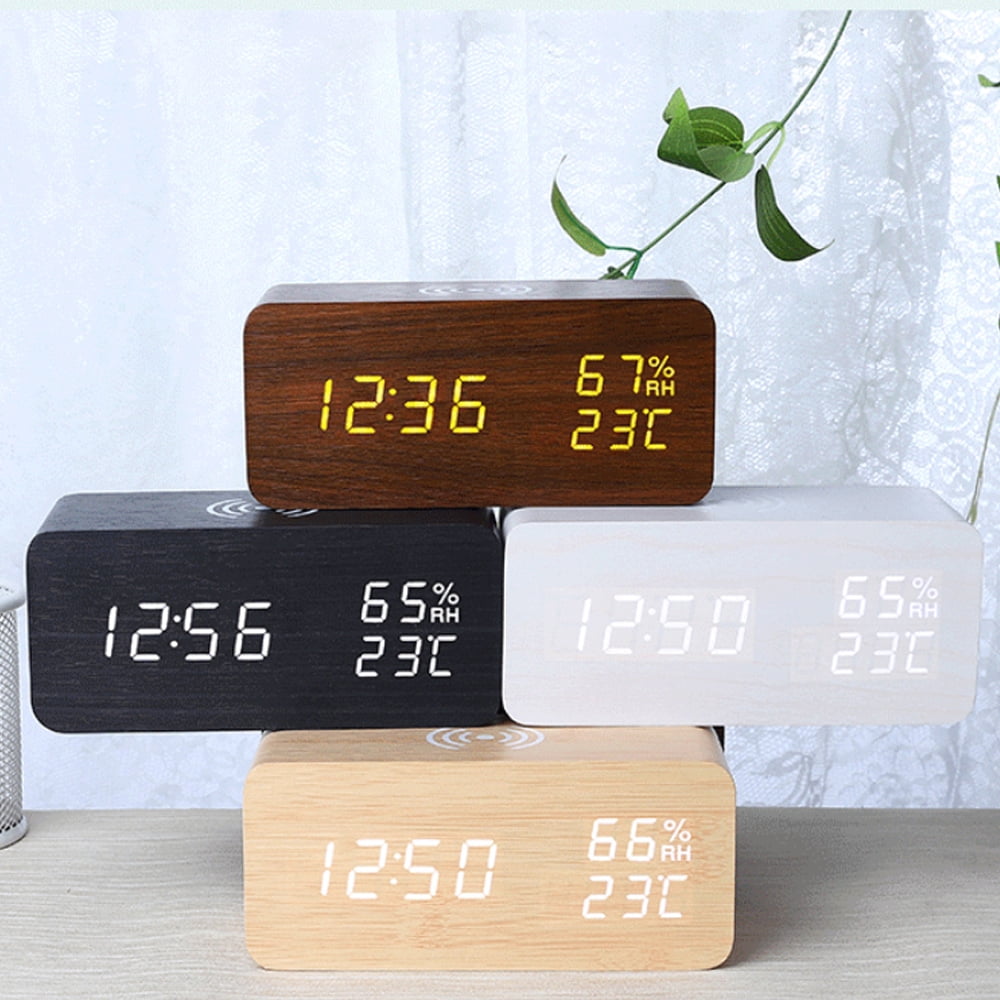 Digital Wooden Alarm Clock with Wireless Charging,Weekday/Weekend Mode, Wood LED Clocks for Bedroom, Bedside, Desk, Kids - White wood