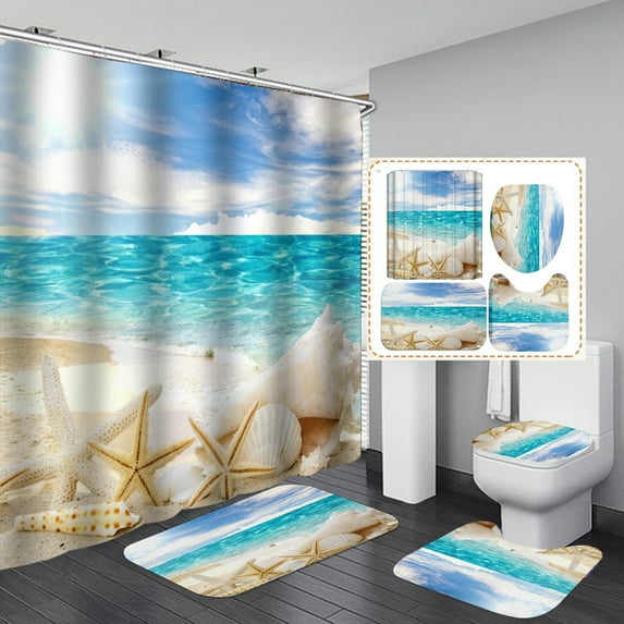 Godderr 4pcs Shower Curtain Set Decor With Non-Slip Rugs Bath U-Shaped/ Mat Toilet Lid Cover Bathroom Curtain Shower Set With