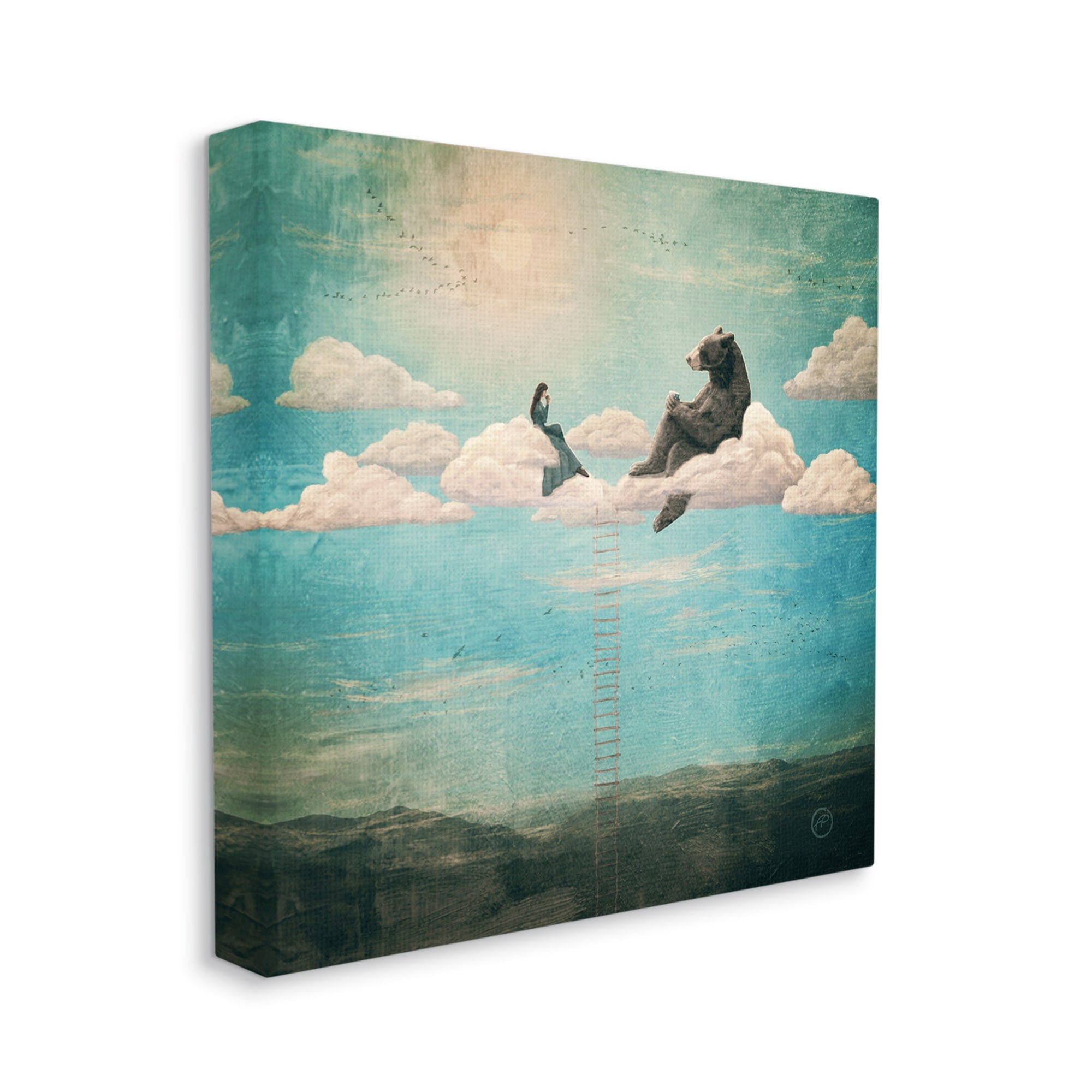 Stupell Industries Sky Ladder to Clouds Maiden Sitting with Bear,30 x 30, Design by Paula Belle Flores