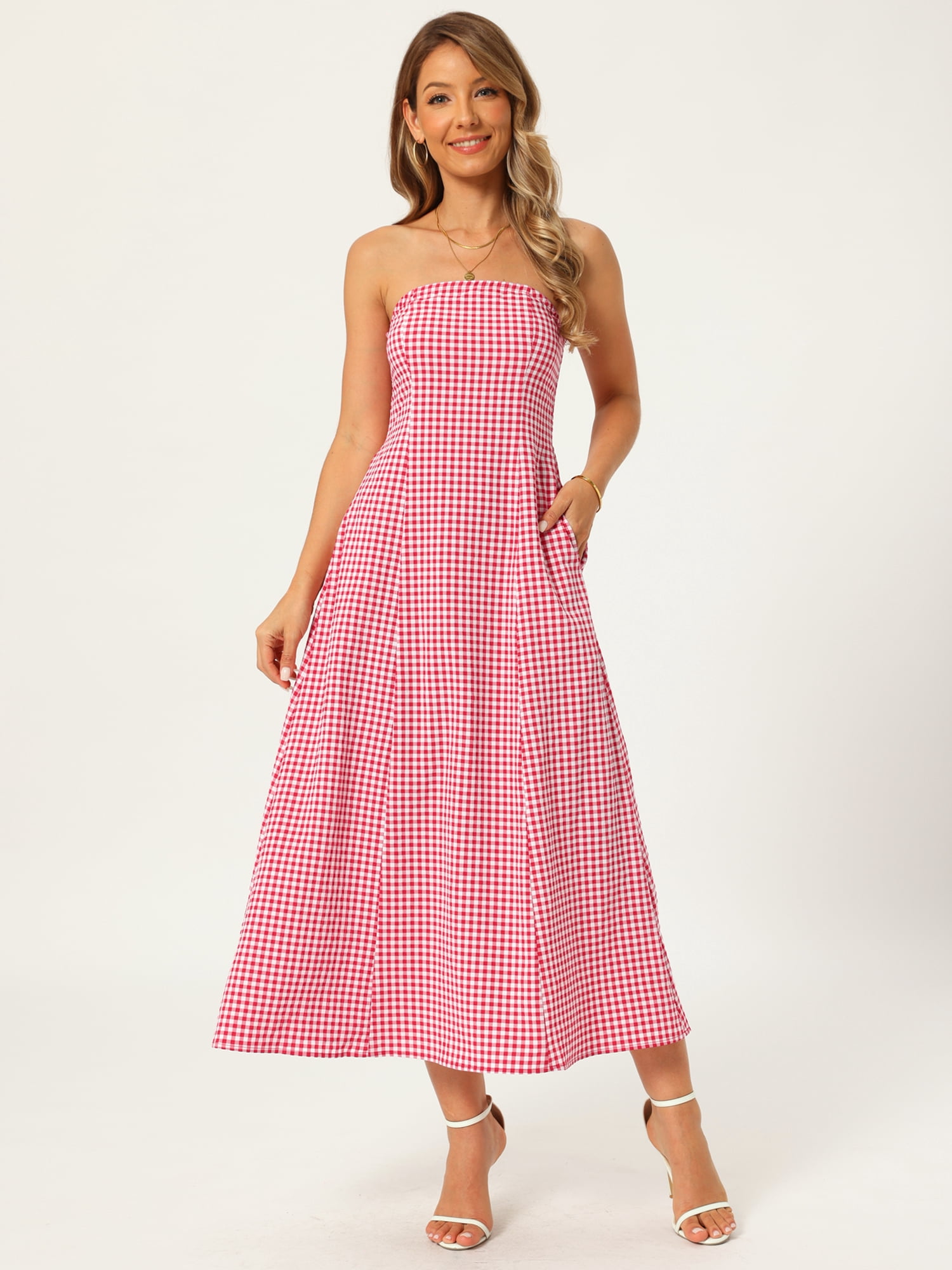 DARING DIVA Women's Gingham Strapless Maxi Summer Casual Sundress M Red